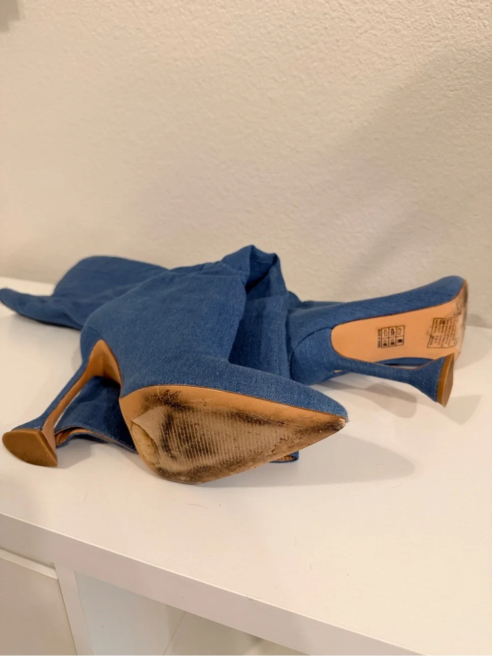 Blue denim half-calf boots with pointed toe